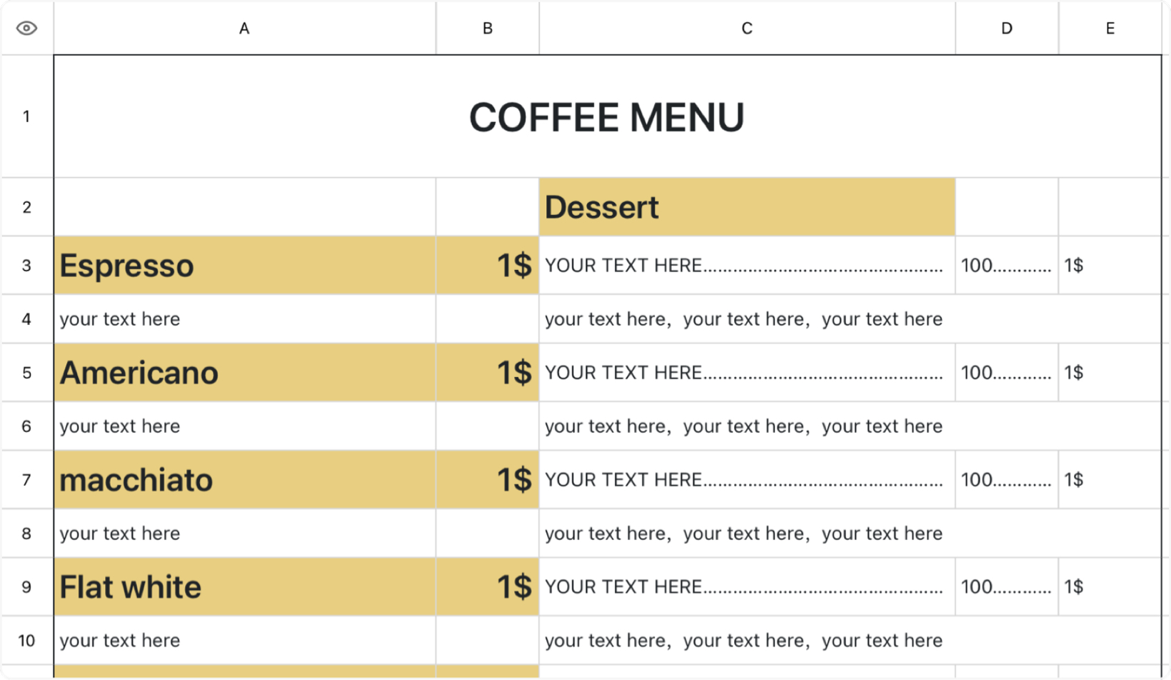 Cafe menu